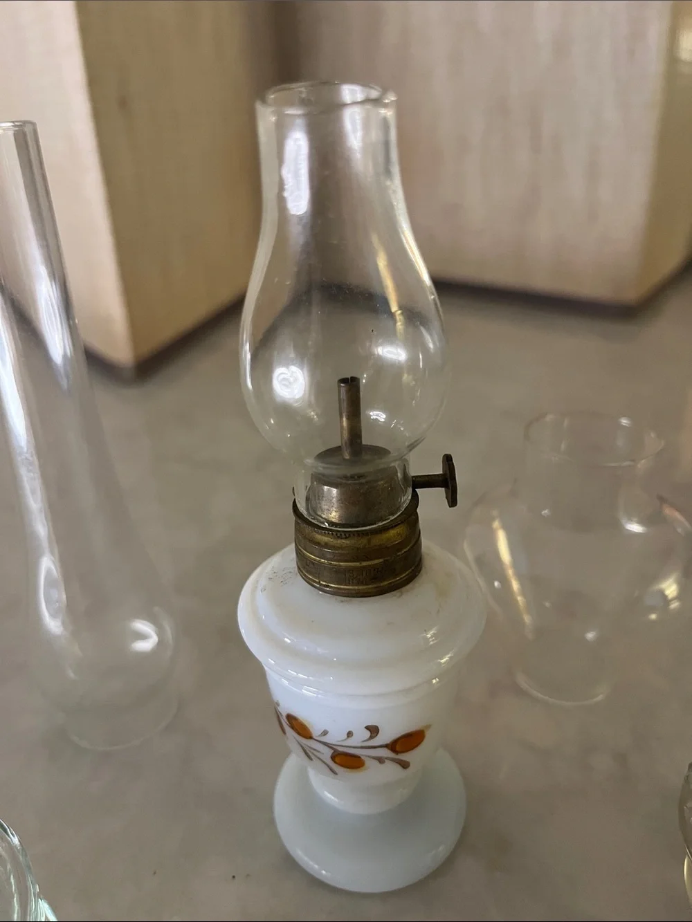 Lot of 3 Vintage Mini Glass Hurricane Oil Lamps and 2 hurricanes
